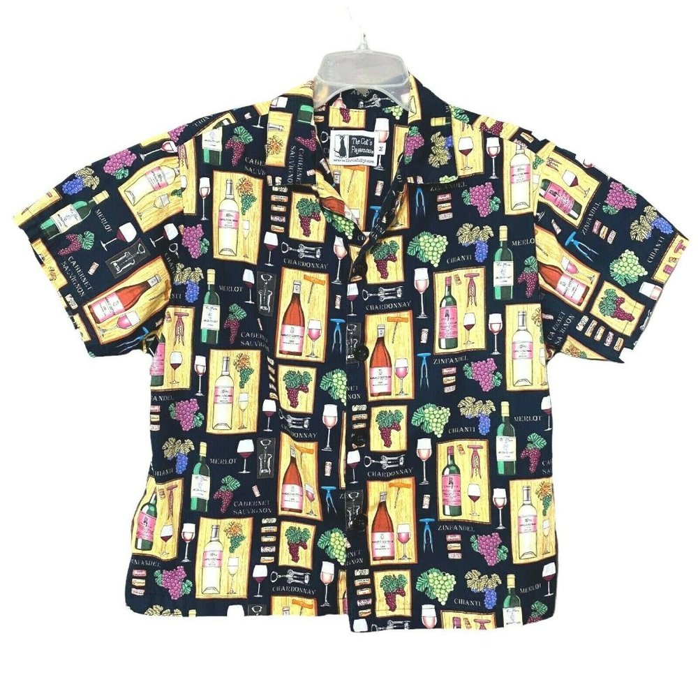 The Cat’s Pajamas Wine Print Top Size Medium Womens Casual Comfort Cotton Button